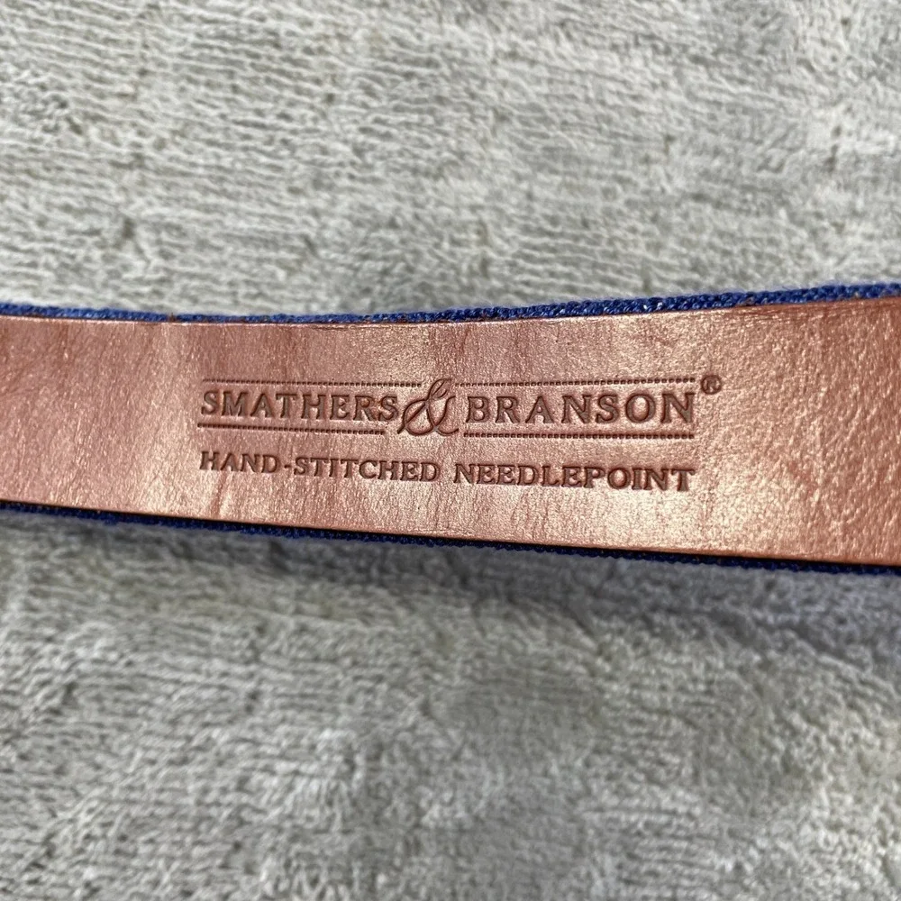 Smathers Branson Belt Needlepoint Mens 32 Navy Blue West Rock Travel Leather